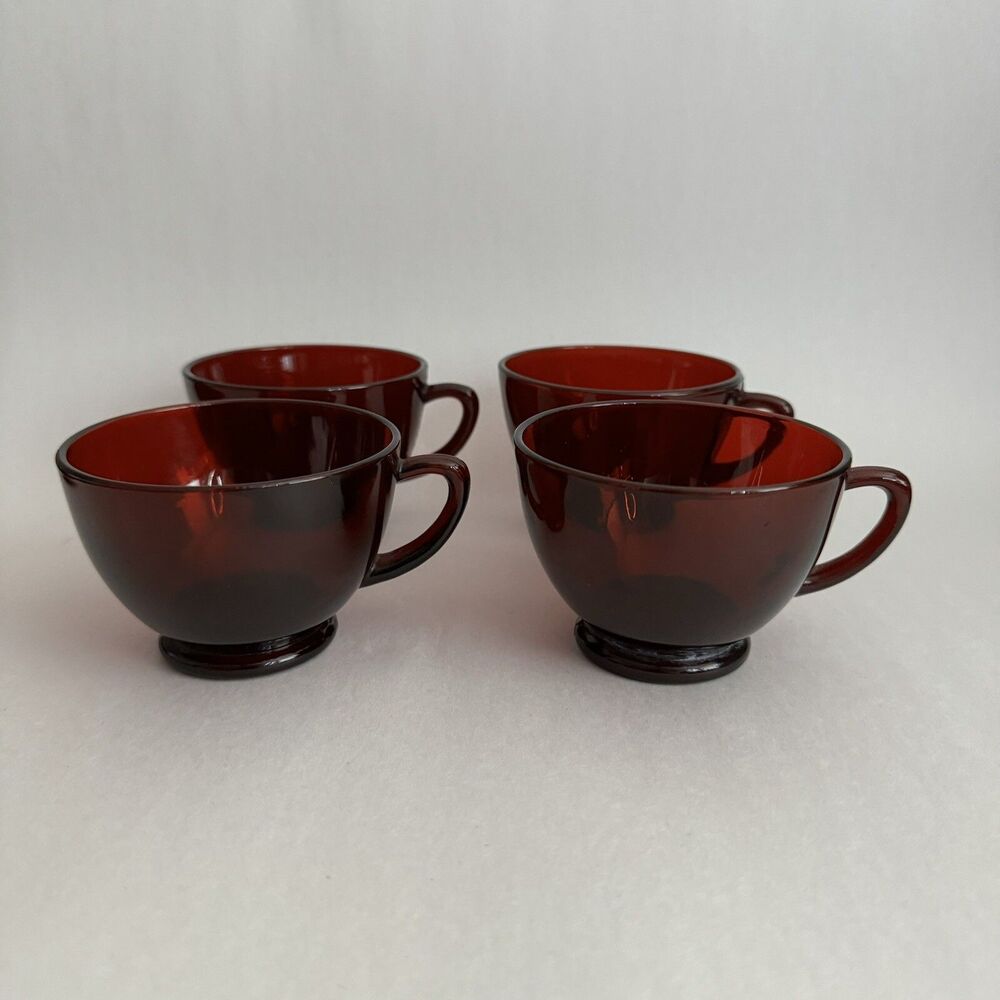 (4) Vintage Anchor Hocking Royal Ruby Red Glass Teacups Cup 6oz